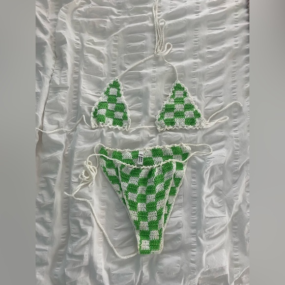Frankie’s Bikinis Crochet Green and White Checkered Bikini Set - Picture 3 of 5